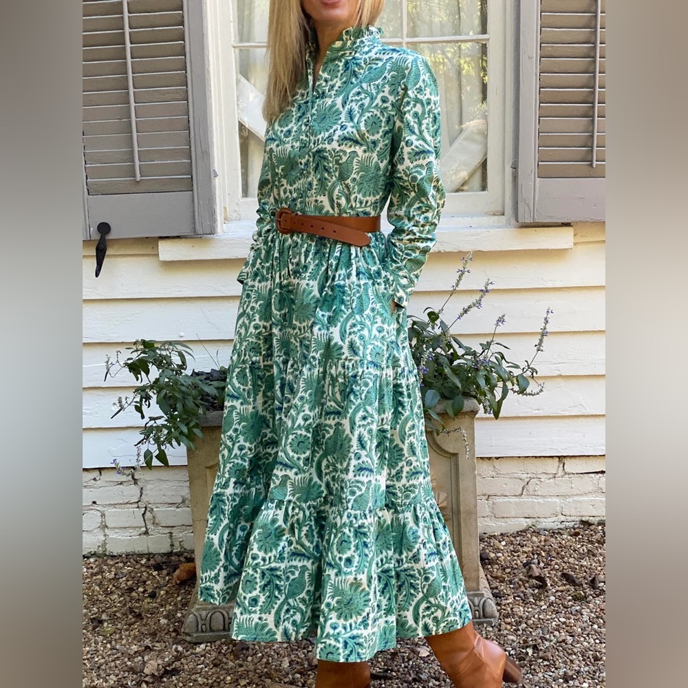 Daydress UK Dakota Dress Block Print in Green and Blue Pheasant Print